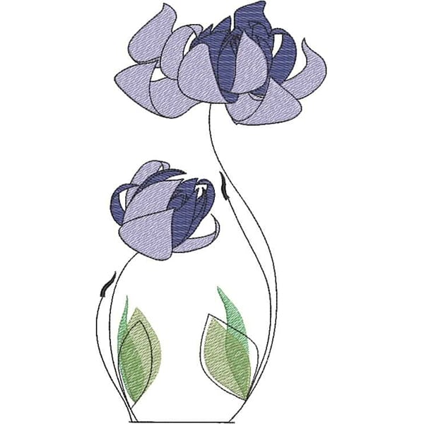 An embroidery design of a delicate vase holding two stylized purple flowers with green leaves.
