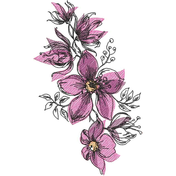 An embroidery design of vibrant purple flowers with delicate leaves and intricate details elegantly arranged.