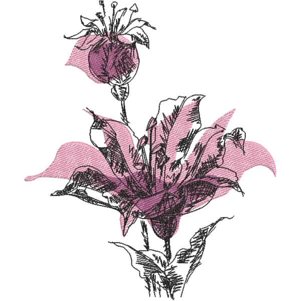 An embroidery design of a stylized flower with delicate petals in shades of pink and intricate black line detailing.