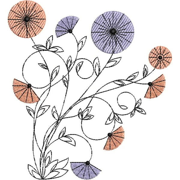 An embroidery design of whimsical flowers with circular and fan-shaped petals in shades of orange, purple, and blue, intertwined with delicate leaves.