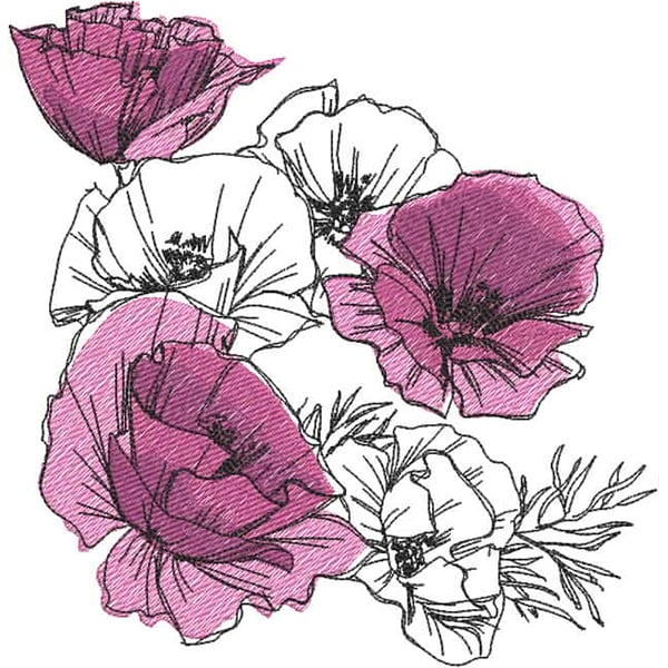 An embroidery design of delicate flowers featuring a blend of purple and white petals, intricately outlined for a charming, artistic touch.