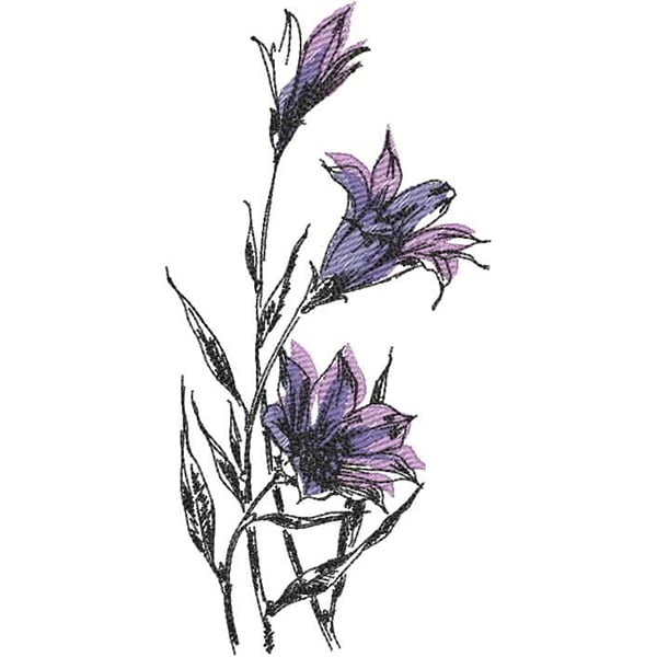 An embroidery design of delicate purple flowers with intricate detailing and slender green leaves.