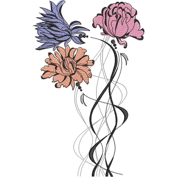 An embroidery design of three elegant flowers in pink, purple, and peach hues, intertwined with delicate flowing lines.