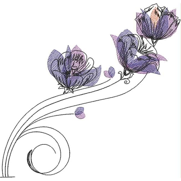 An embroidery design of flowing lines adorned with delicate, stylized flowers in shades of purple and lilac.