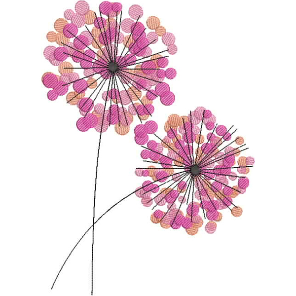An embroidery design of two vibrant pink flowers with delicate petals and slender stems.