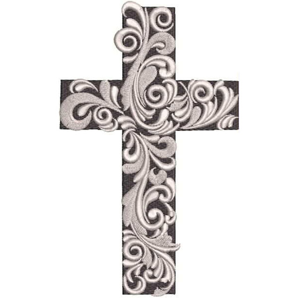 An embroidery design of an ornate cross adorned with intricate swirling patterns.