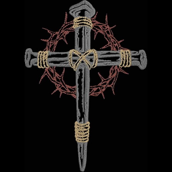 An embroidery design of a cross wrapped with ropes and set against a backdrop of thorny vines.