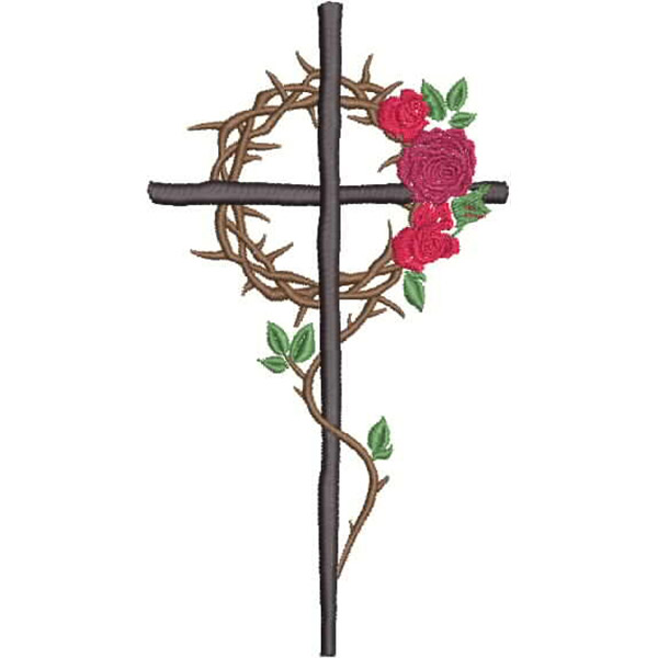 An embroidery design of a cross entwined with a vine and adorned with red roses and green leaves.