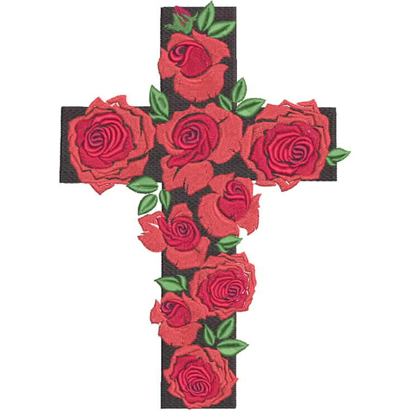 An embroidery design of a cross adorned with vibrant red roses and green leaves.
