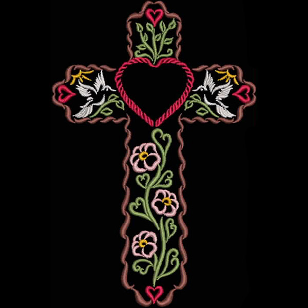 An embroidery design of a cross featuring floral and heart motifs, accompanied by two doves.