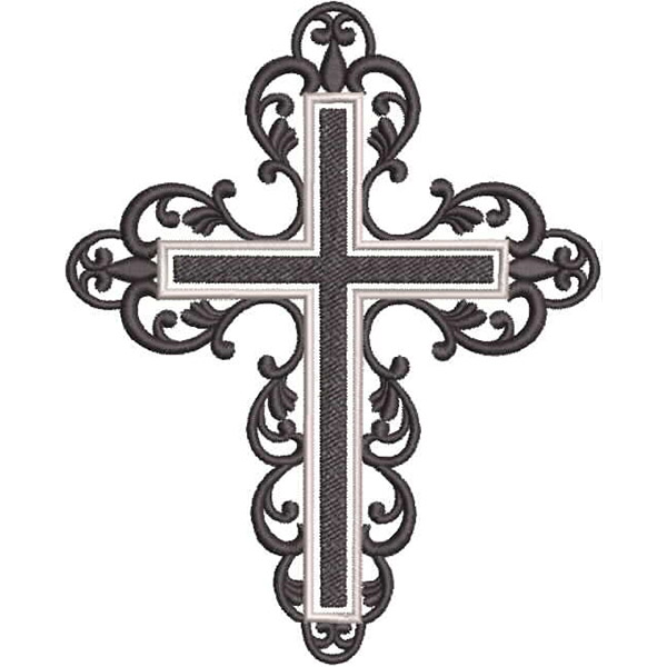 An embroidery design of an ornate cross featuring intricate swirls and contrasting colors.
