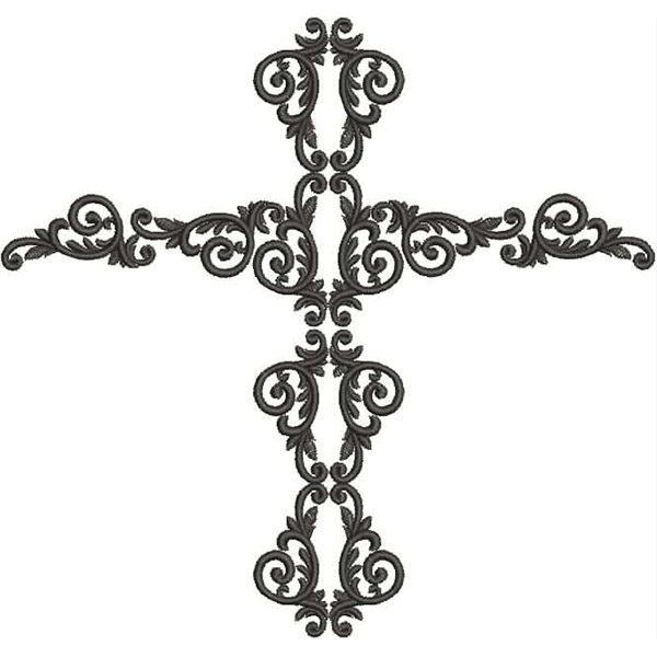 An embroidery design of an intricate, ornamental cross adorned with swirling patterns and floral motifs.