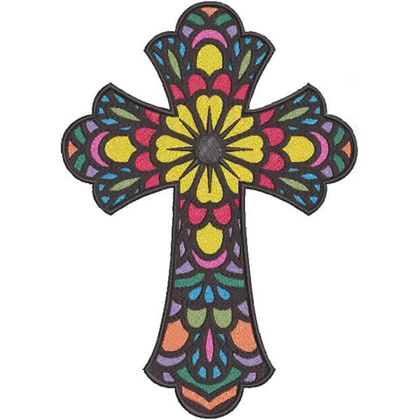 An embroidery design of a colorful floral cross featuring intricate patterns and vibrant hues of yellow, pink, blue, and purple.