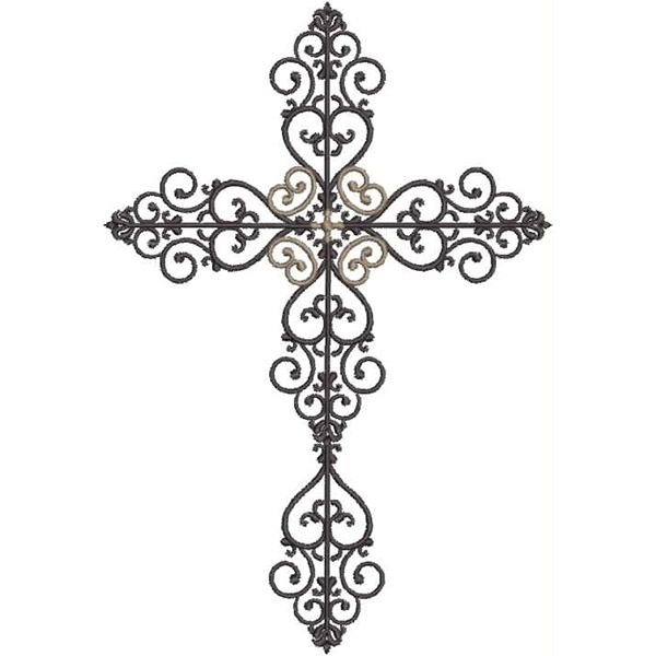 An embroidery design of an ornate cross featuring intricate scrollwork and symmetrical elements in dark tones with subtle accents.