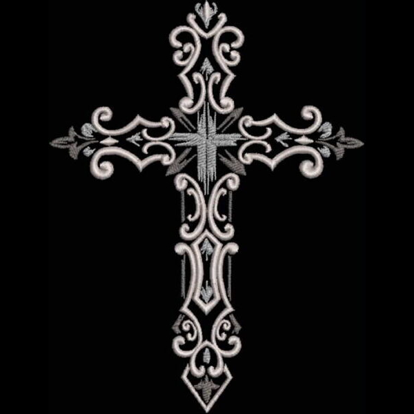 An embroidery design of an ornate cross featuring intricate floral and vine patterns.