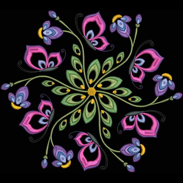 An embroidery design of a circular floral arrangement featuring vibrant pink and purple flowers intertwined with green leaves and yellow accents.