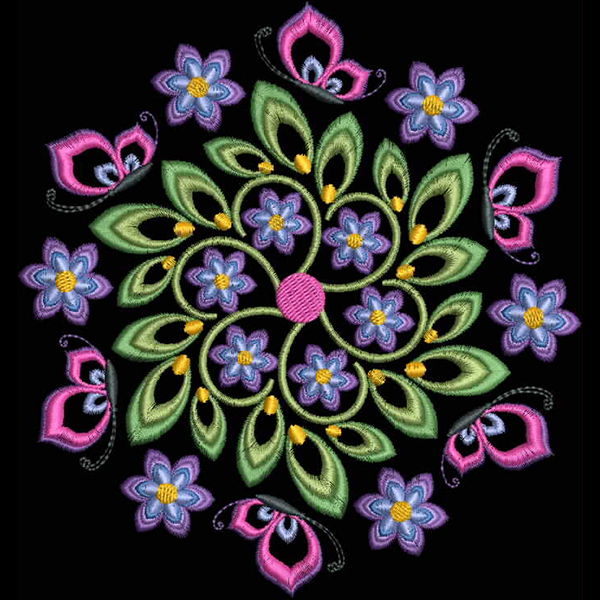 An embroidery design of a vibrant floral motif featuring intricate leaves, purple and blue flowers, and delicate pink butterflies arranged in a circular pattern.