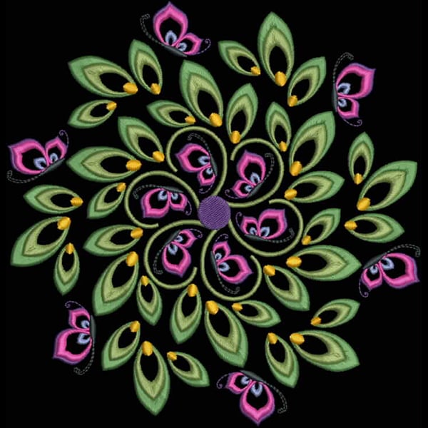 An embroidery design of a circular floral pattern featuring vibrant pink flowers, green leaves, and delicate butterflies.