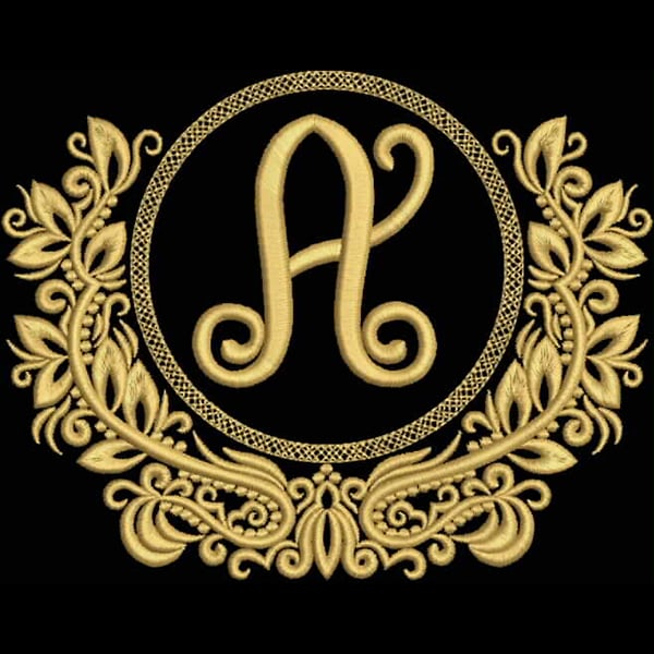 An embroidery design of an ornate, golden letter "A" surrounded by a decorative floral frame.