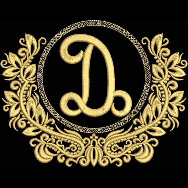 An embroidery design of an ornate golden letter "D" surrounded by intricate floral elements and a circular border.