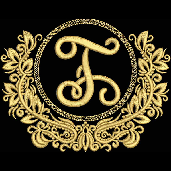 An embroidery design of an ornate golden letter "F" encircled by decorative leaf motifs.