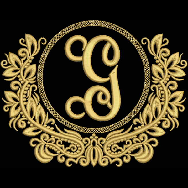 An embroidery design of an ornate circular frame featuring a stylized letter 'G' surrounded by intricate floral motifs.
