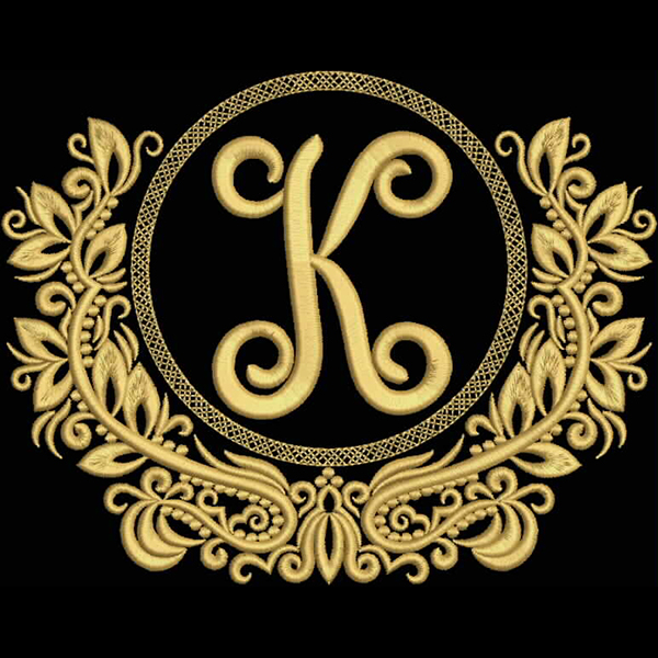 An embroidery design of an ornate circular monogram featuring the letter "K" surrounded by elegant floral motifs.