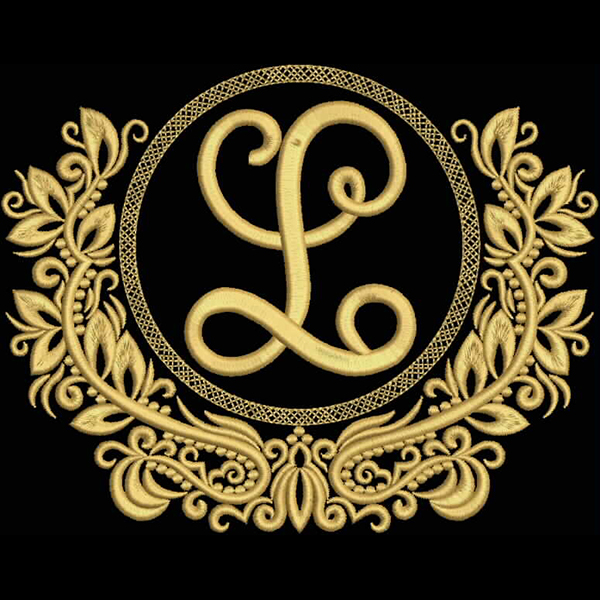 An embroidery design of an ornate golden circular frame featuring a stylized letter "L" at its center, surrounded by decorative leaves and floral elements.