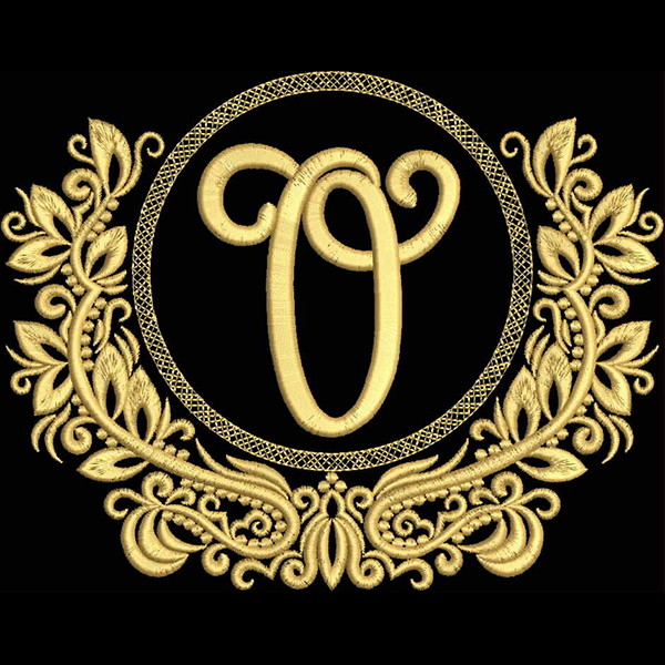 An embroidery design of an ornate golden letter "O" surrounded by intricate floral elements and a circular border.