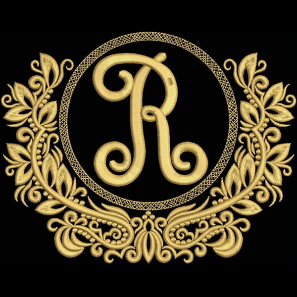 An embroidery design of an ornate letter "R" encircled by decorative floral elements in a rich gold thread.