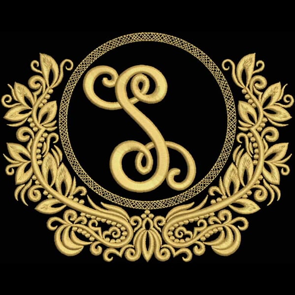 An embroidery design of an ornate golden monogrammed letter "S" surrounded by intricate floral motifs within a circular border.