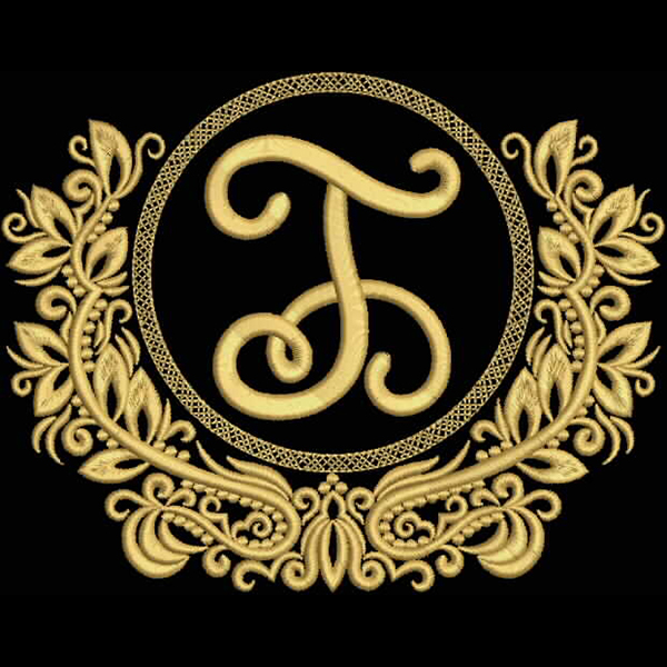 An embroidery design of an ornate monogram featuring an elegantly stylized letter "T" surrounded by intricate floral elements.