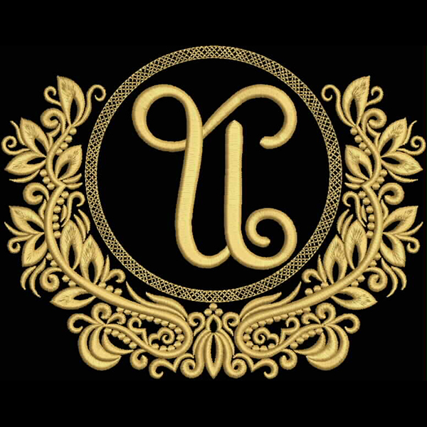 An embroidery design of an ornate monogram "N" surrounded by intricate floral elements and a circular border.
