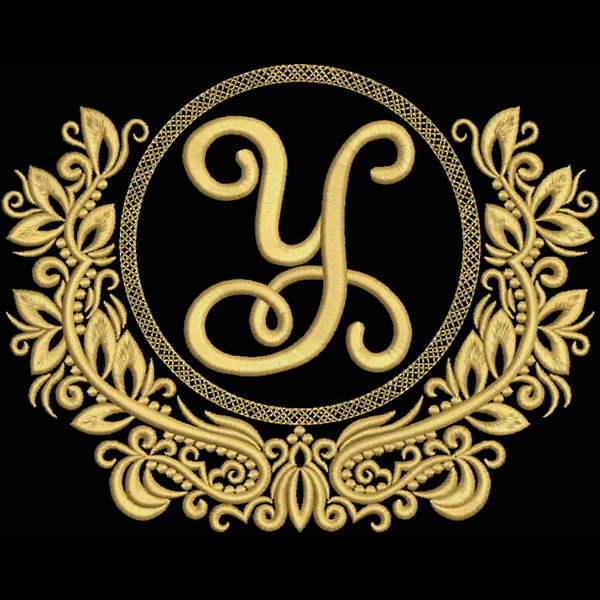 An embroidery design of an ornate monogram featuring the letter "Y" surrounded by decorative floral elements.