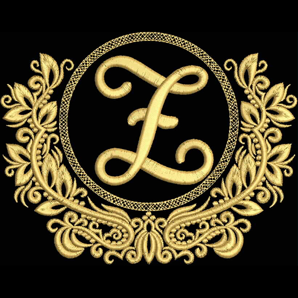 An embroidery design of an ornate, circular monogram featuring the letter "E," surrounded by intricate floral motifs in gold.