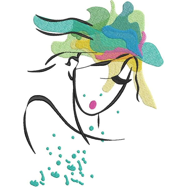 An embroidery design of an abstract female figure characterized by flowing lines and vibrant colors representing hair, complemented by playful dots below.