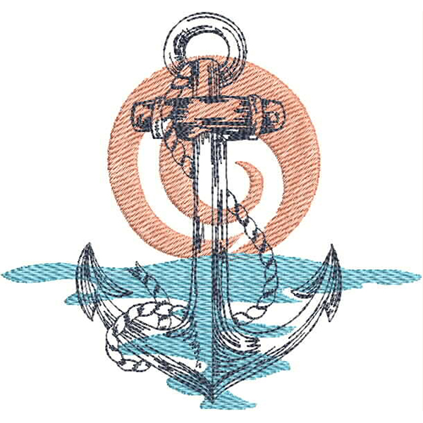 An embroidery design of a nautical anchor entwined with rope, set against a stylized wave feature.