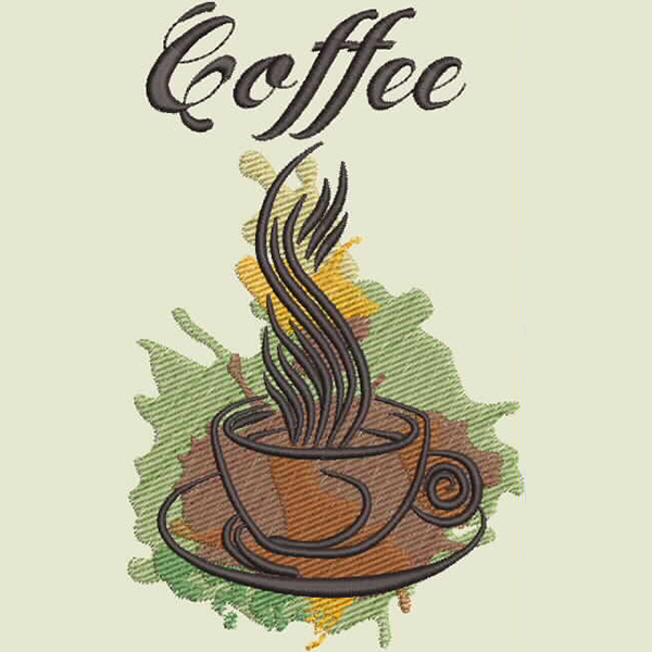 An embroidery design of a steaming coffee cup with the word "Coffee" elegantly displayed above it.