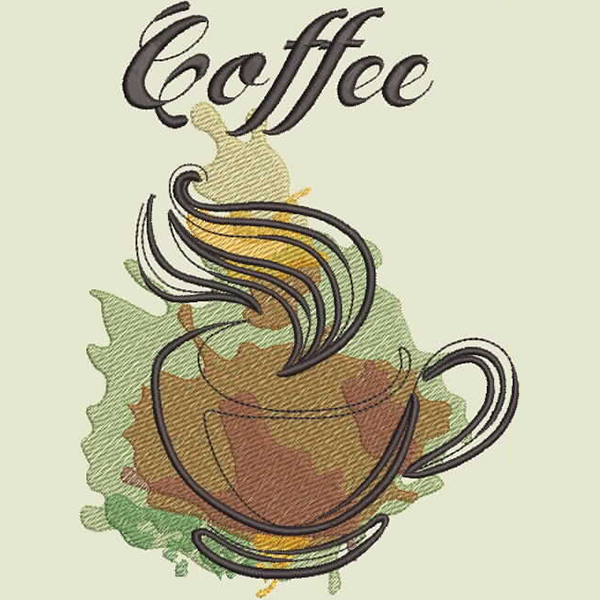 An embroidery design of a steaming coffee cup with the word "coffee" elegantly scripted above it.