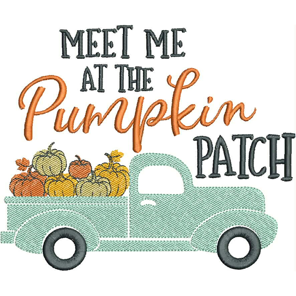 An embroidery design of a vintage truck overflowing with pumpkins accompanied by the text "MEET ME AT THE Pumpkin PATCH."