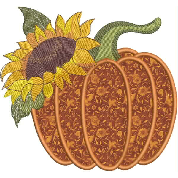 An embroidery design of a pumpkin adorned with a floral-patterned texture and a bright sunflower.