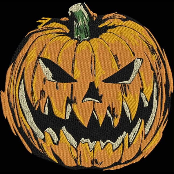 An embroidery design of a menacing jack-o'-lantern with sharp teeth and a sinister expression.