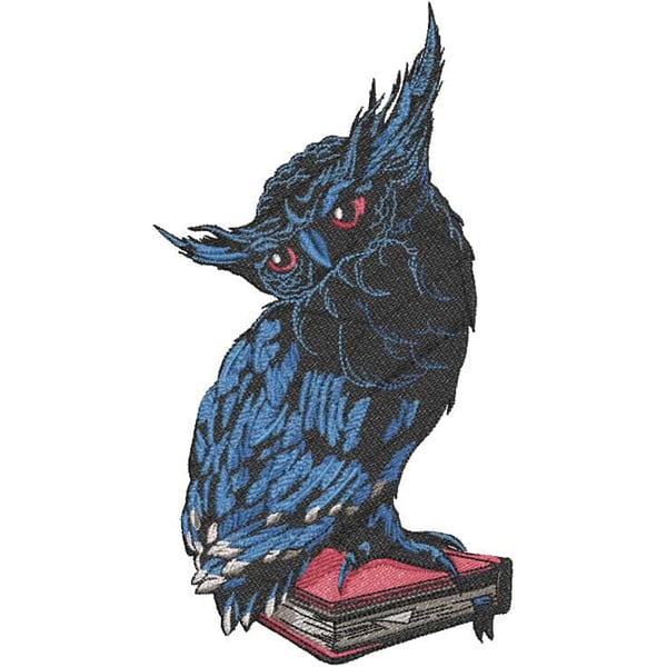 An embroidery design of a whimsical blue owl perched on a red book, featuring striking red eyes and detailed feather textures.