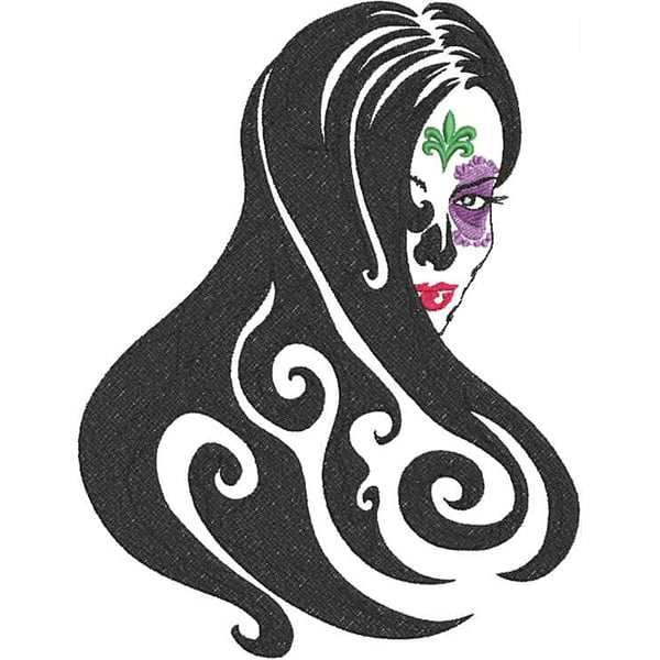 An embroidery design of a stylized skull-faced woman with long flowing hair and decorative elements.