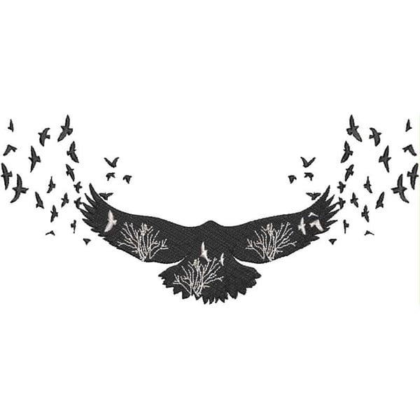 An embroidery design of a large bird in flight, surrounded by smaller flying birds, with detailed elements suggesting branches integrated into its wings.