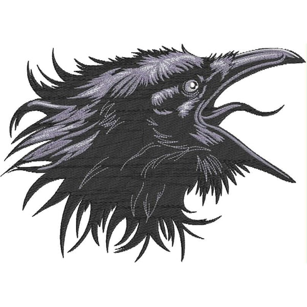 An embroidery design of a raven’s head with intricate detailing in black and purple threads, capturing its fierce expression and graceful feathers.