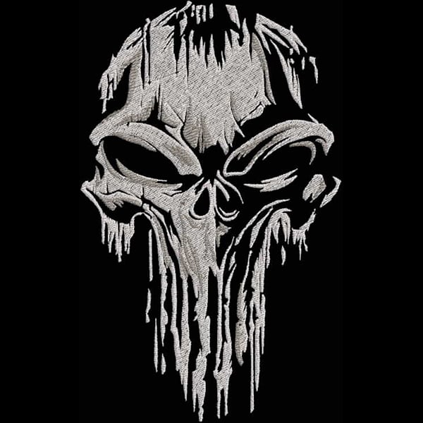 An embroidery design of a stylized skull with elongated features and dripping elements, showcasing dramatic shading and intricate details.