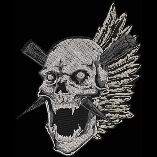 An embroidery design of a fierce skull with a wide-open mouth, adorned with feathers and crossed weapons.