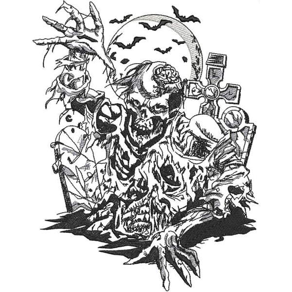 An embroidery design of a skeletal figure emerging from the ground, adorned with a rose and intertwining vines, set against a backdrop of crosses and a haunting moon.