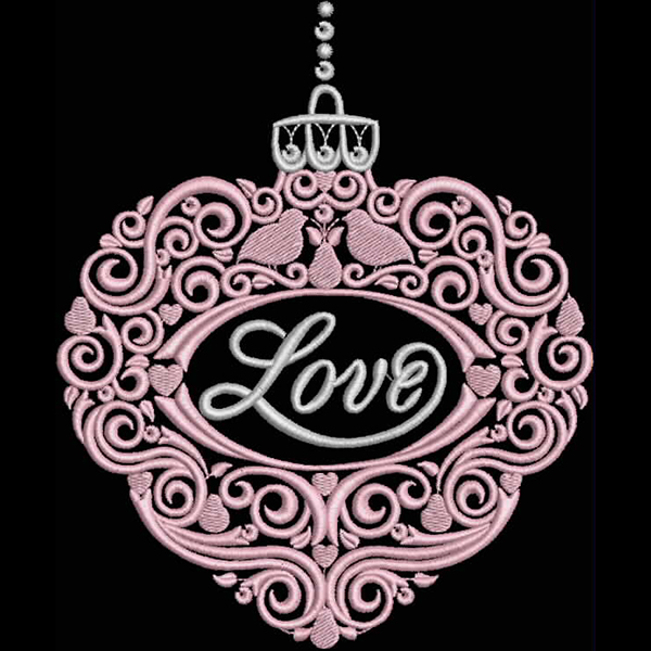An embroidery design of an ornate heart-shaped ornament featuring the word "Love" in a stylish script, surrounded by intricate floral and heart motifs.